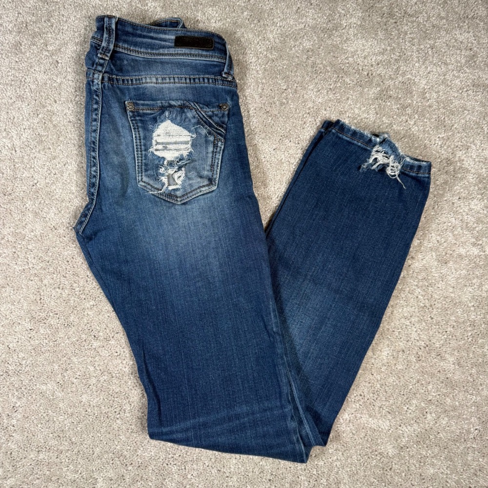 Buckle Black Straight Jeans Distressed Blue Frayed Hem Low Rise Denim 25x32